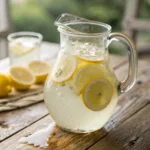 Pitcher of homemade lemonade with fresh lemon slices