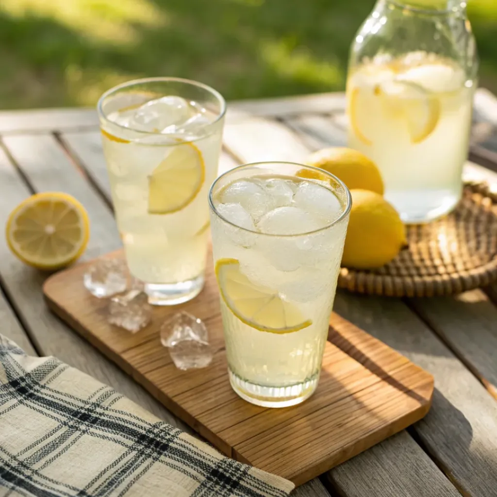 Homemade Lemonade with Fresh Lemons 8 Glasses of homemade lemonade served with ice and lemon slices