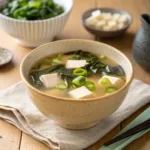 Bowl of homemade miso soup with tofu and seaweed