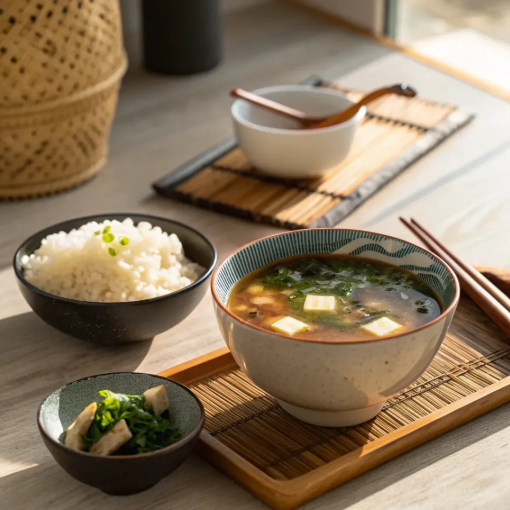 Homemade miso soup served with rice and Japanese sides