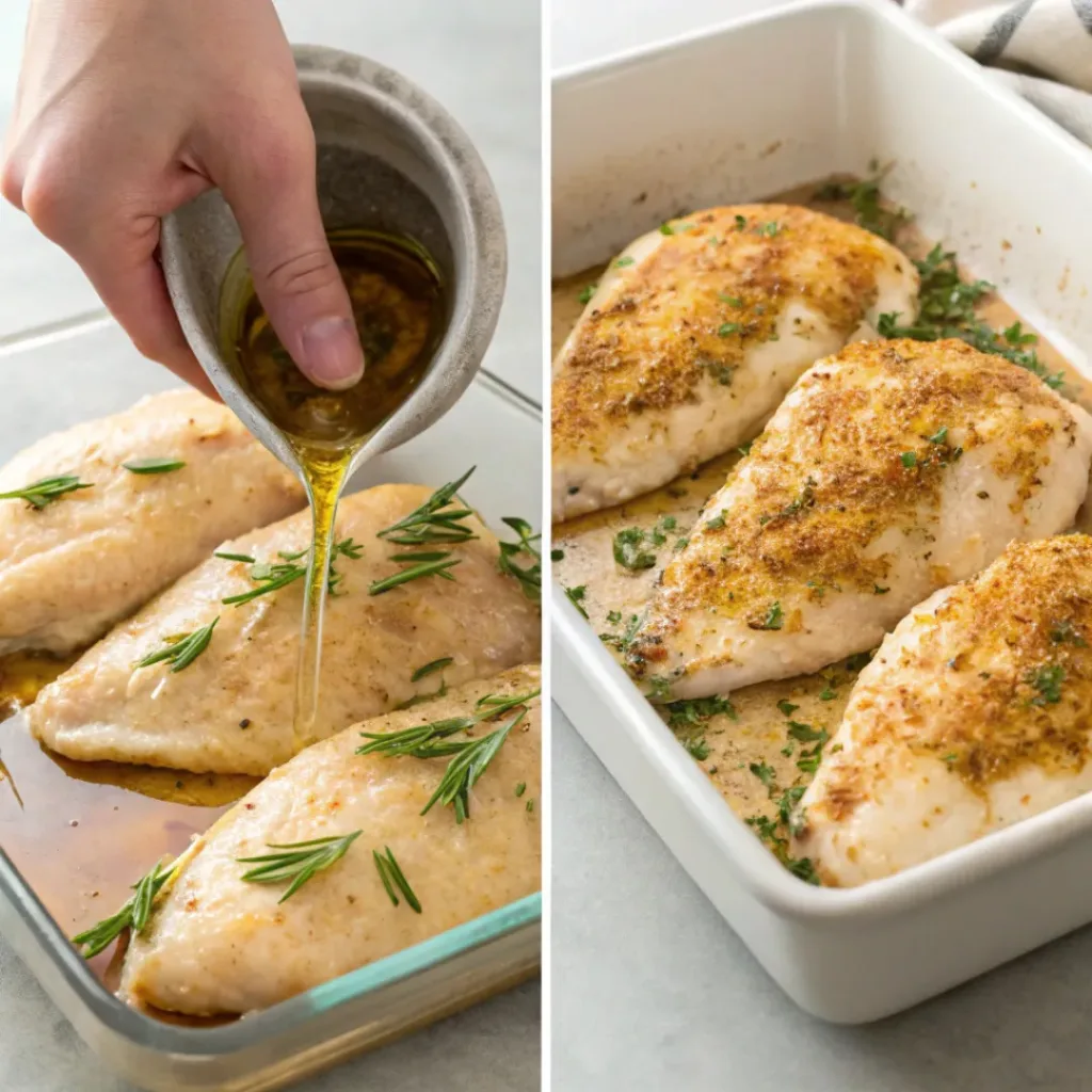 Step-by-step collage showing baked chicken breast preparation