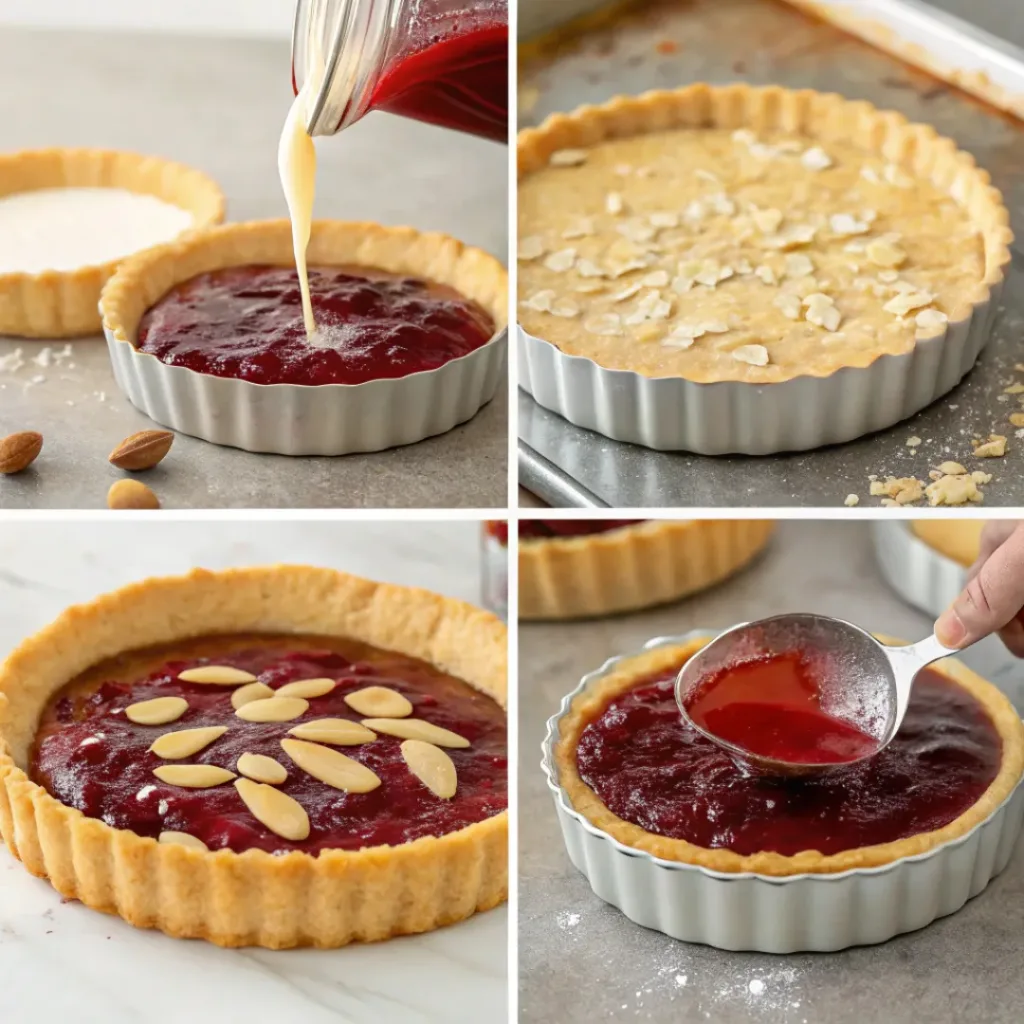 Step-by-step collage showing Bakewell tart preparation