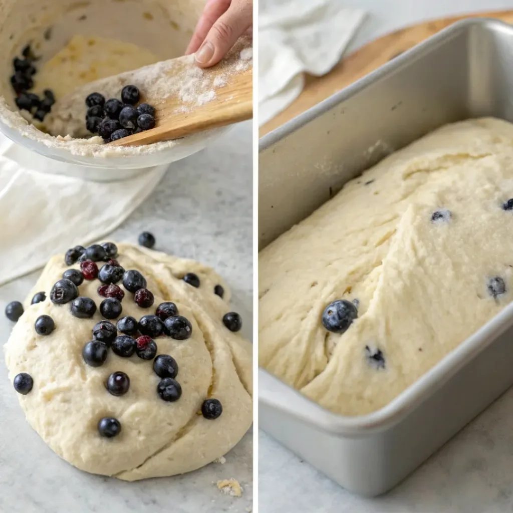 Step-by-step collage of blueberry lemon sourdough bread preparation