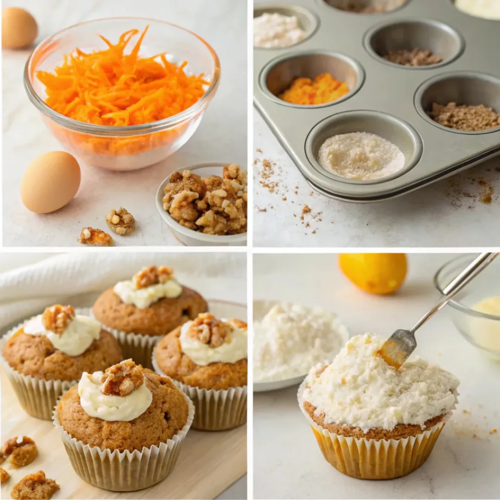 Step-by-step collage showing preparation of carrot cake muffins from mixing to baked muffins.