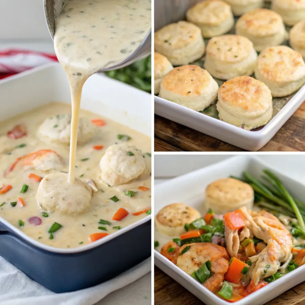 Step-by-step collage of seafood pot pie preparation