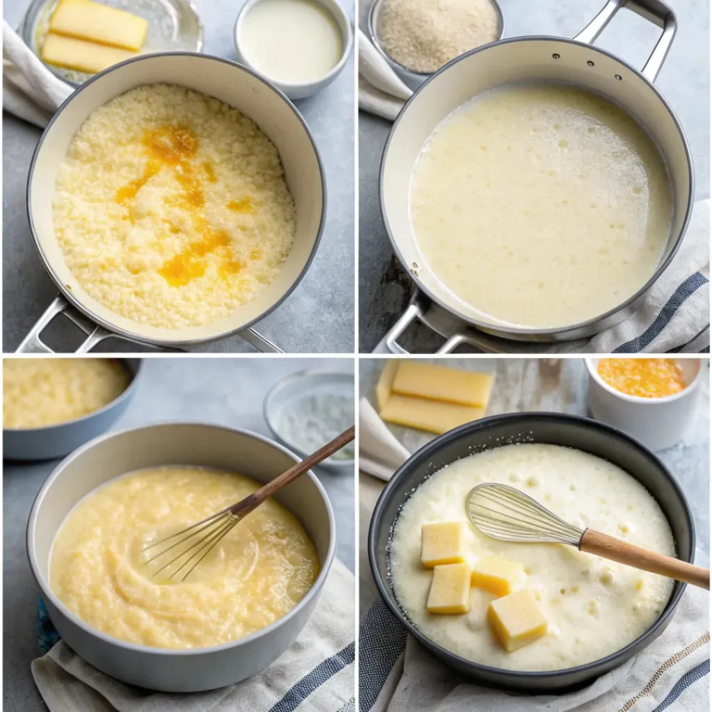 Step-by-step collage showing cheese grits preparation