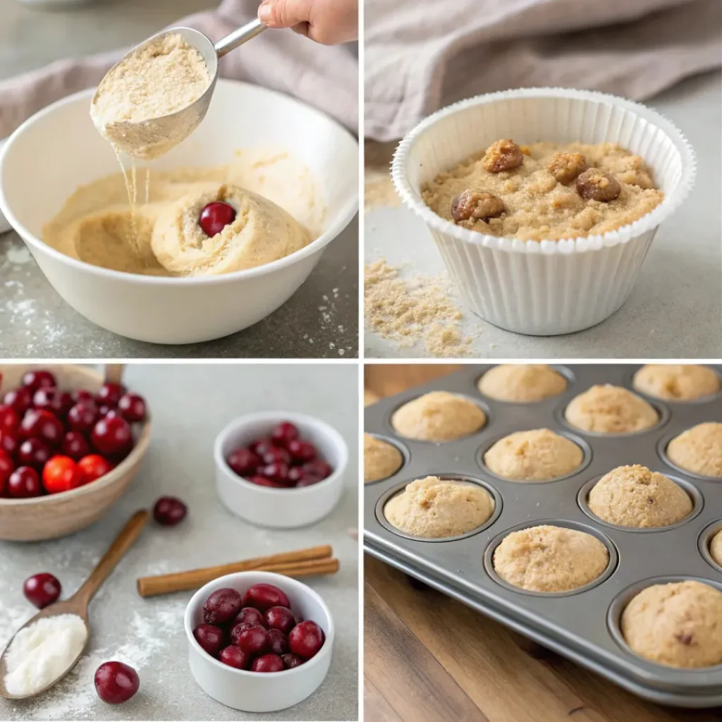 Step-by-step collage of cherry cobbler muffin preparation