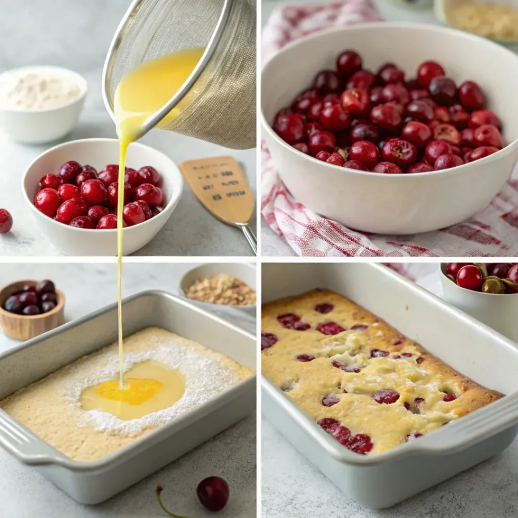 Step-by-step collage of cherry dump cake preparation