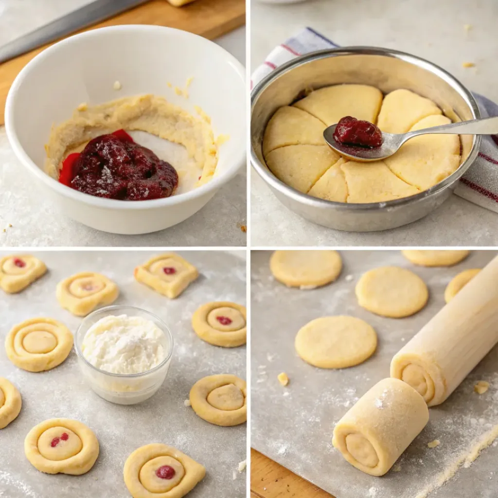 Step-by-step collage showing cherry pie cookie preparation