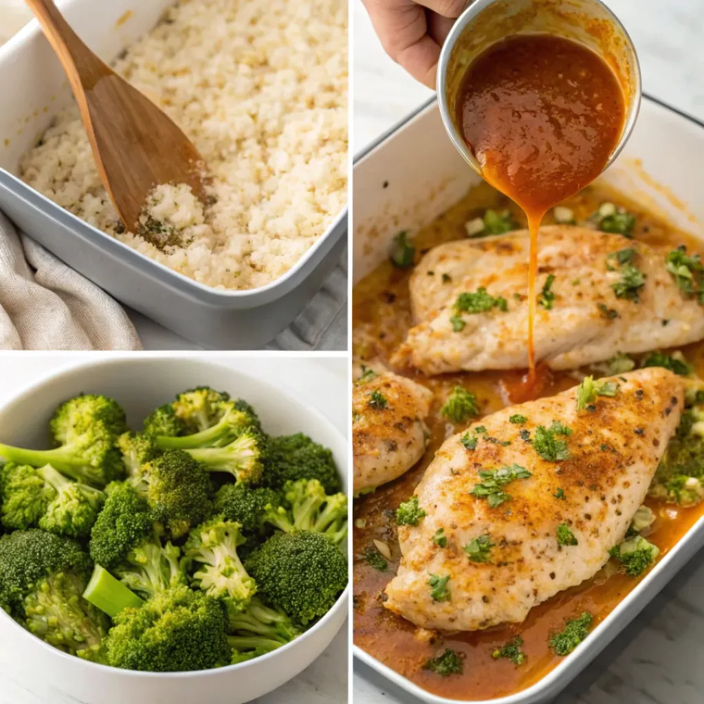 Chicken Broccoli Rice Casserole – Creamy Family Favorite 7 Step-by-step collage of chicken broccoli rice casserole preparation