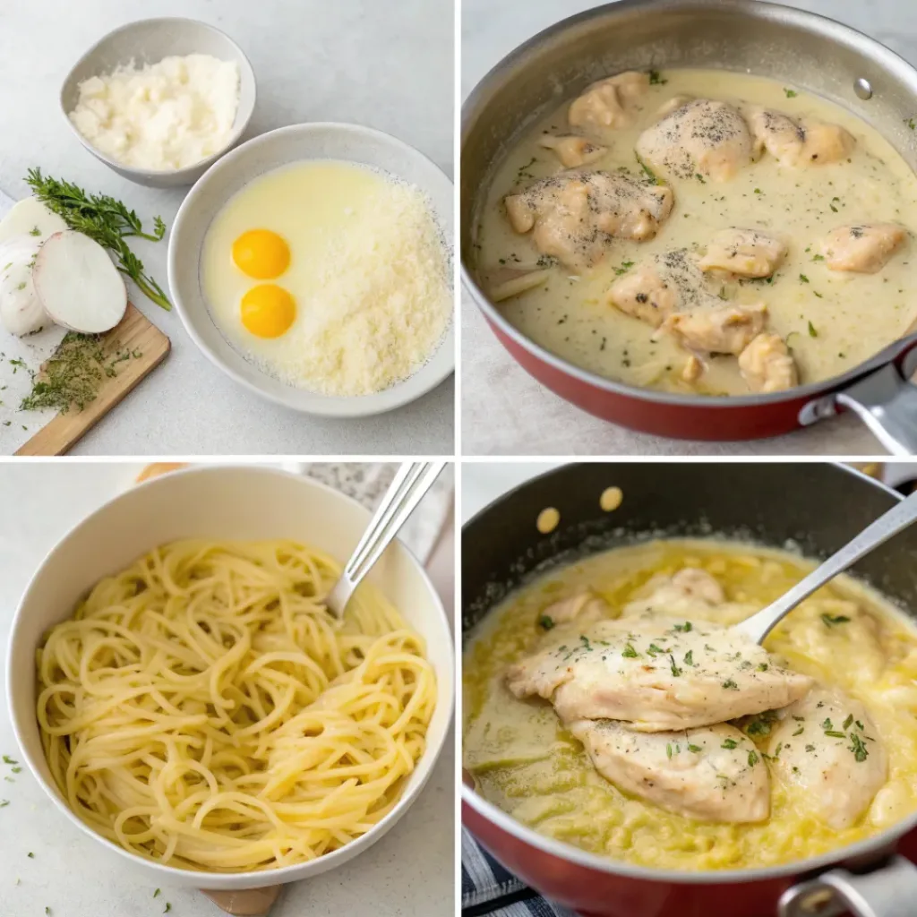 Step-by-step collage showing chicken carbonara preparation