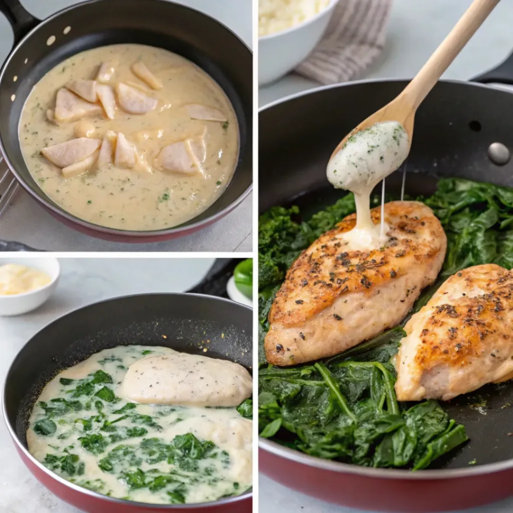 Step-by-step collage of Chicken Florentine preparation