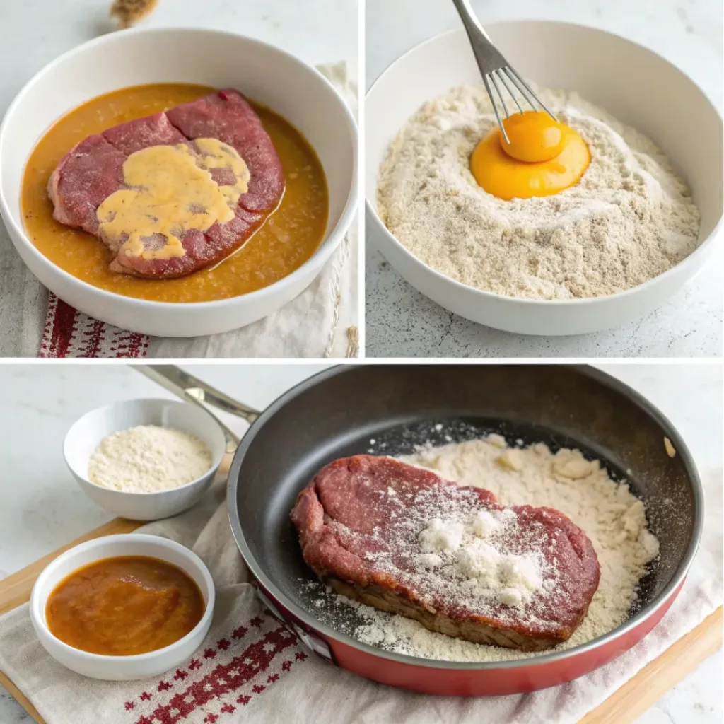 Step-by-step collage showing chicken fried steak preparation