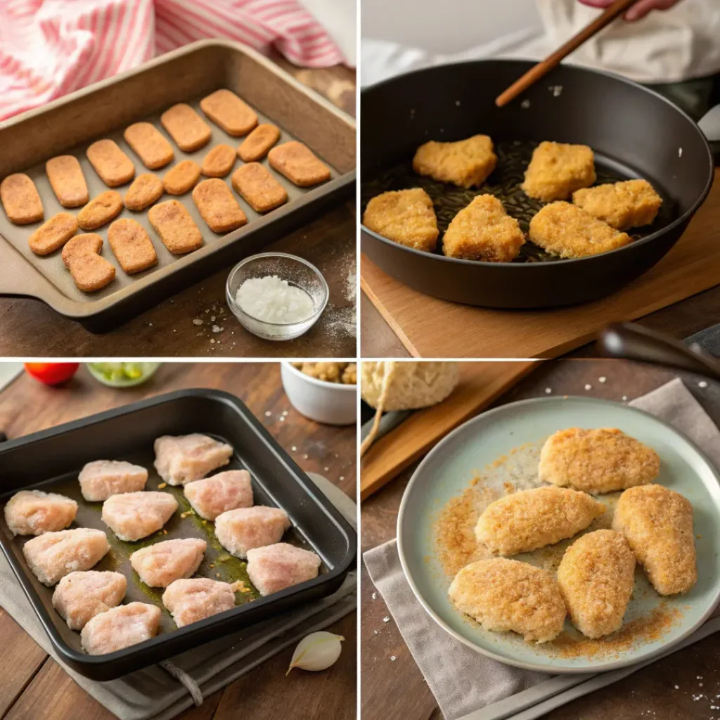 Steps of breading and cooking chicken nuggets