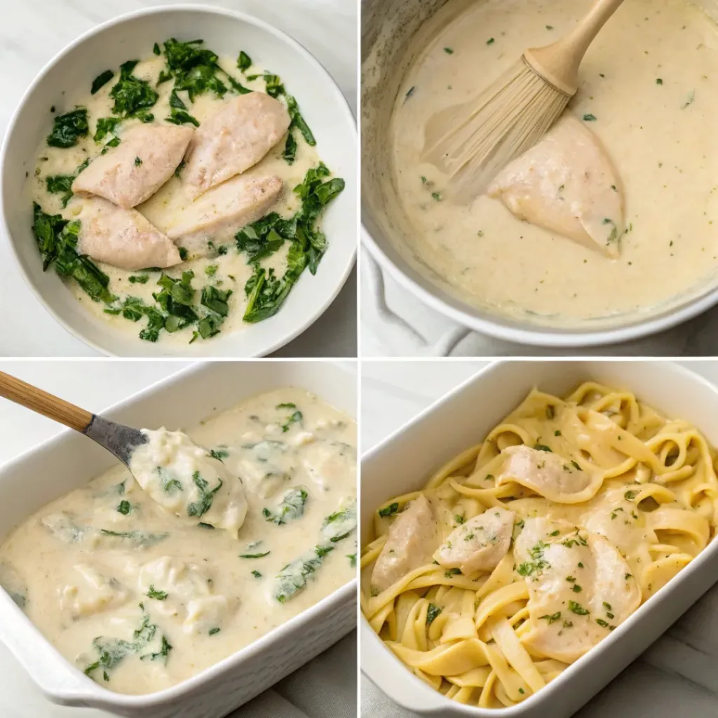Creamy Chicken and Spinach Pasta Bake 7 Step-by-step collage of creamy chicken spinach pasta bake