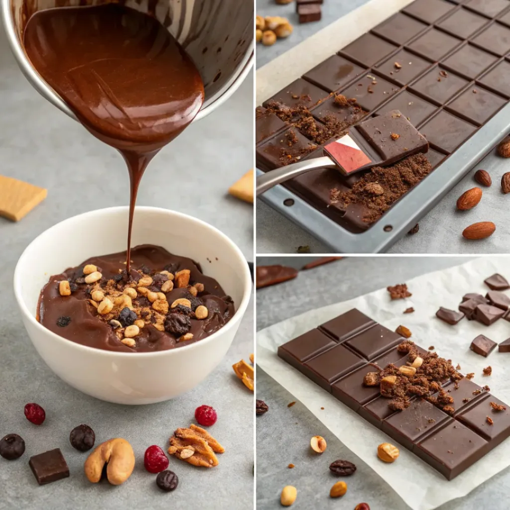 Chocolate Bark with Nuts and Fruit 7 Step-by-step collage showing chocolate bark preparation