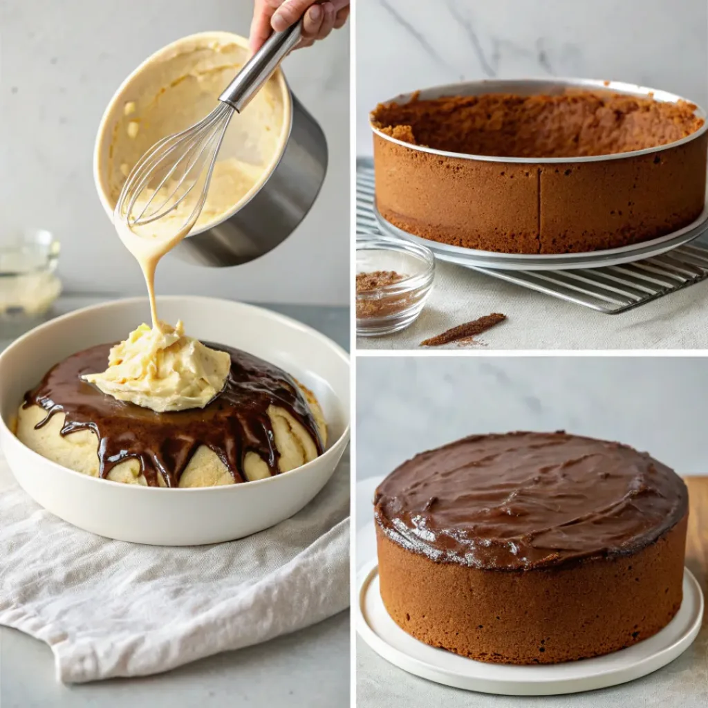 Chocolate Sheet Cake – Moist & Easy Dessert 7 Step-by-step collage showing chocolate sheet cake preparation