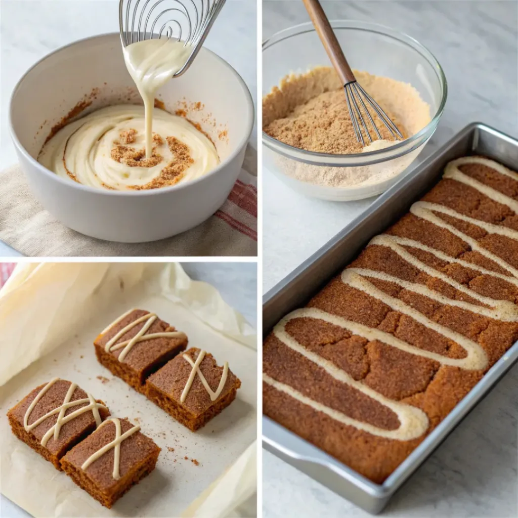 Step-by-step collage of cinnamon roll bliss bars preparation