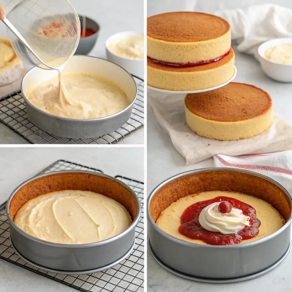 Classic Victoria Sponge Cake 7 Step-by-step collage showing Victoria sponge cake preparation