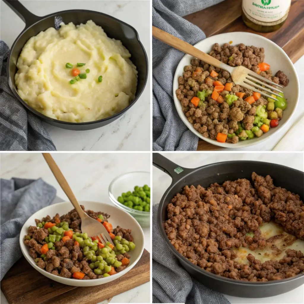 Step-by-step collage of cottage pie preparation