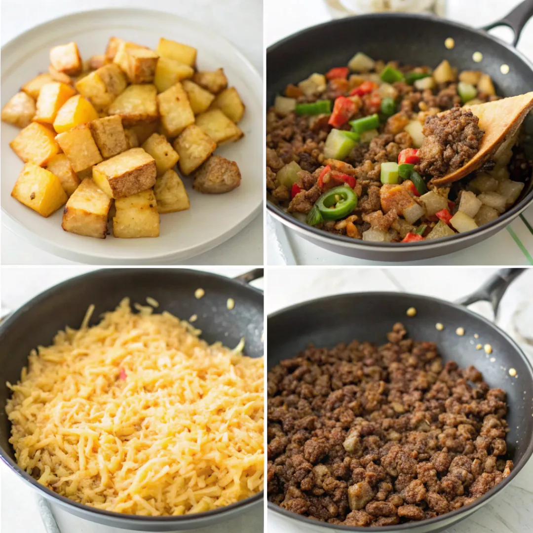 Cowboy Hash – Hearty One-Skillet Dinner 7 Step-by-step collage of cooking cowboy hash in skillet