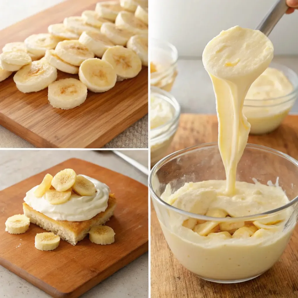 Four step collage showing banana slicing, layering, adding pudding, and topping with whipped cream