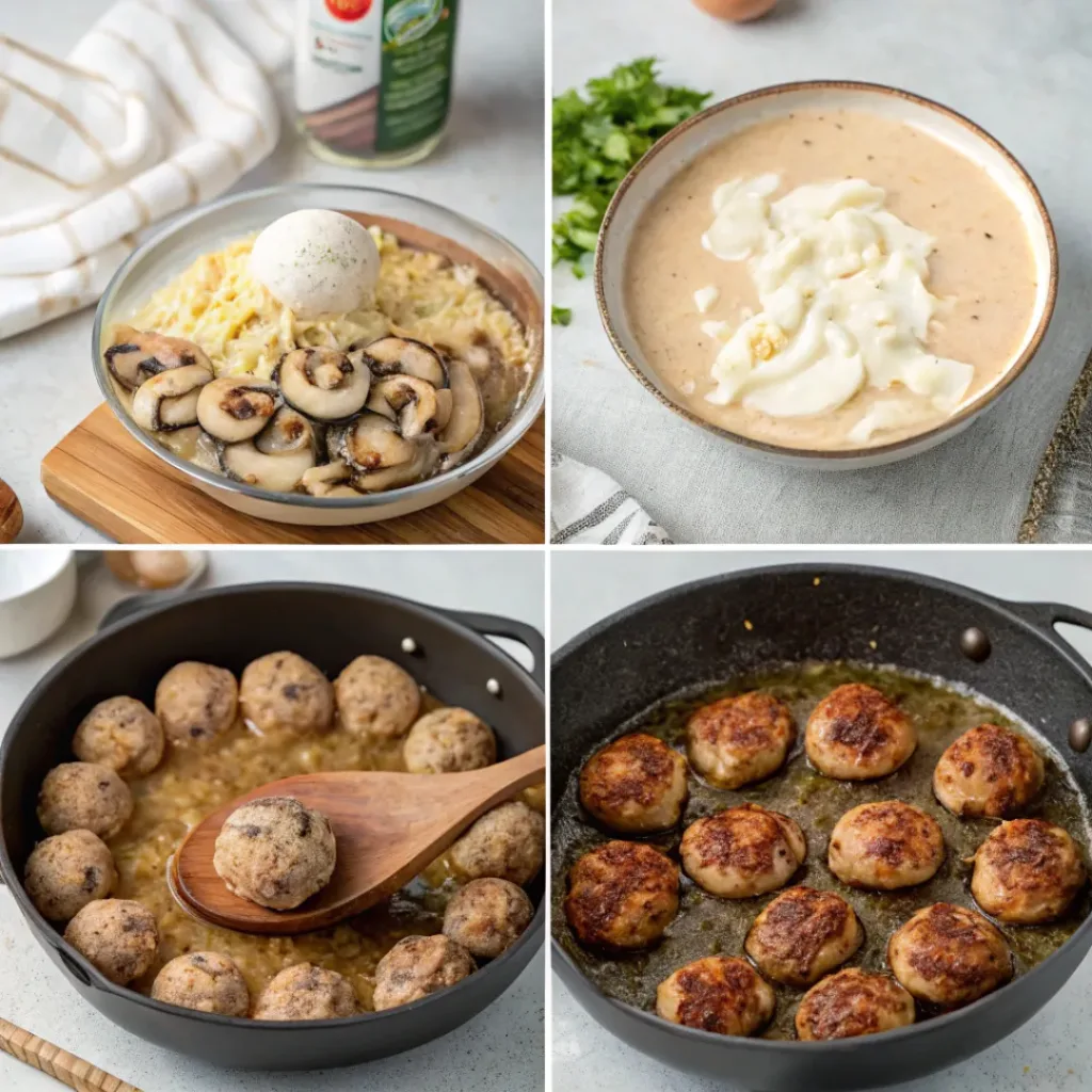 Step-by-step collage of creamy mushroom chicken meatballs