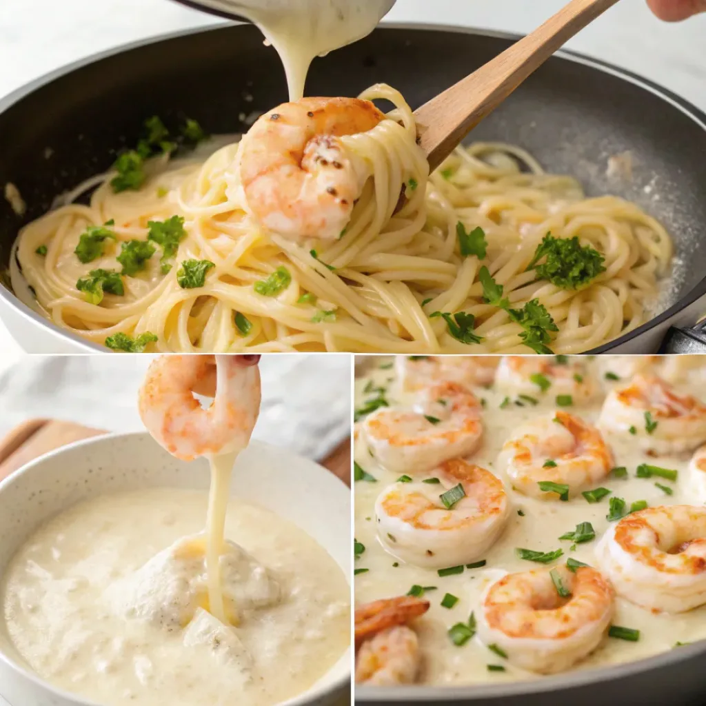 Step-by-step preparation of creamy shrimp Alfredo pasta