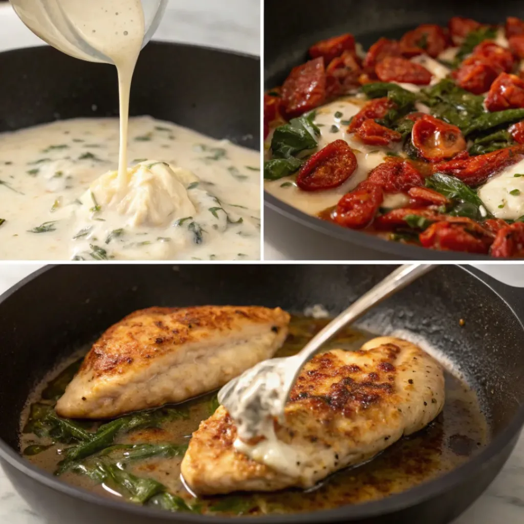Step-by-step collage showing creamy Tuscan chicken preparation