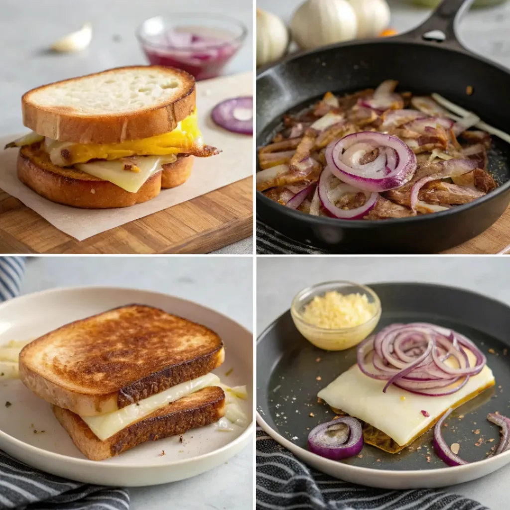 French Onion Grilled Cheese – Melty & Comforting 7 Step-by-step collage showing French onion grilled cheese preparation