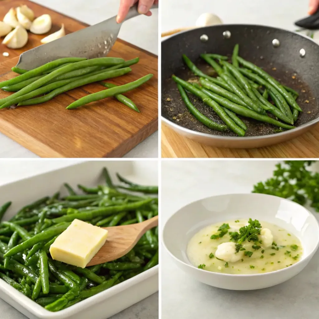 Step-by-step collage showing preparation of garlic butter green beans