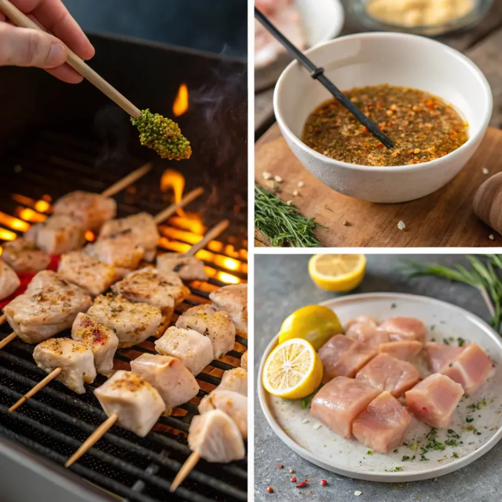 Four step collage showing seasoning, skewering, grilling, and plating chicken skewers