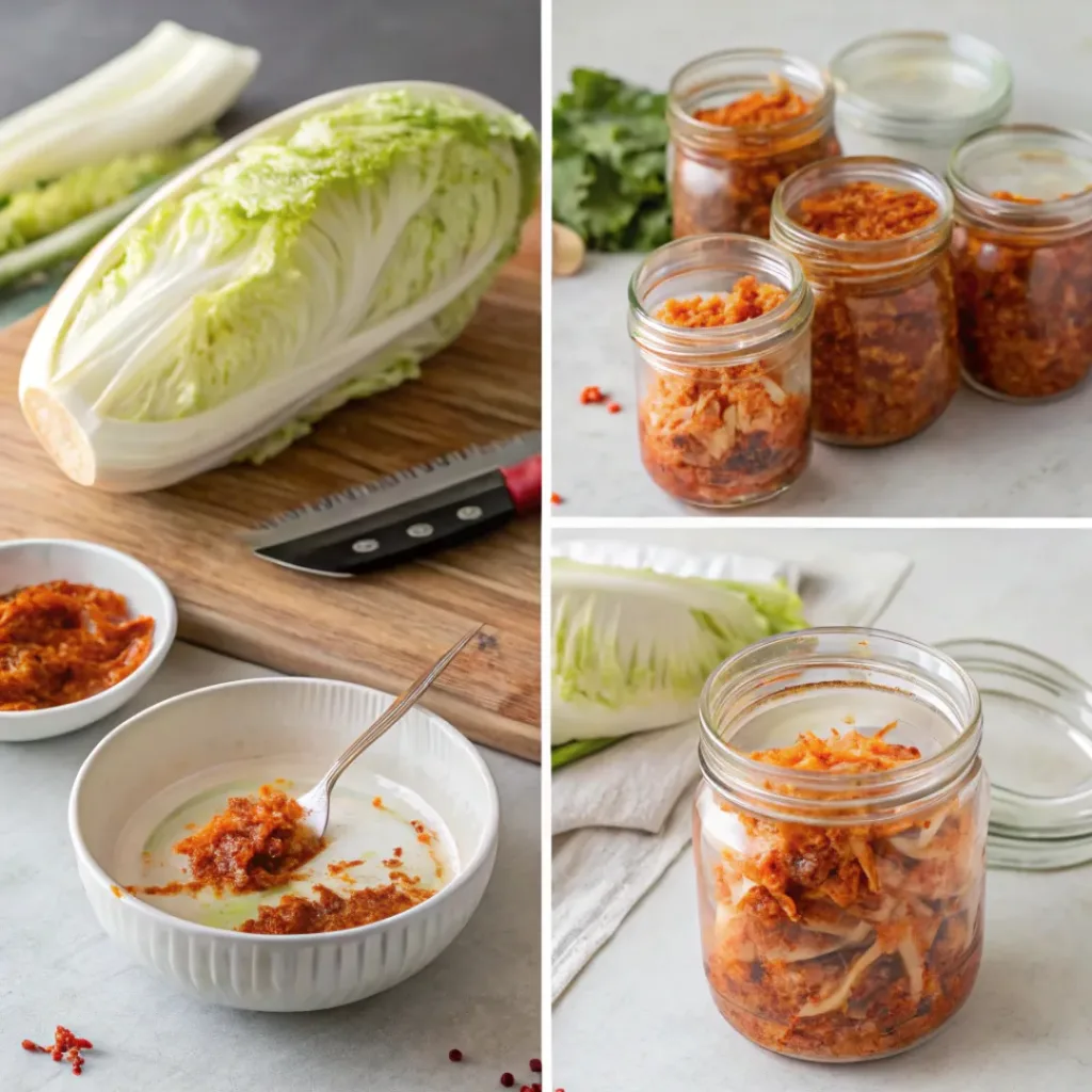 Step-by-step collage showing homemade kimchi preparation