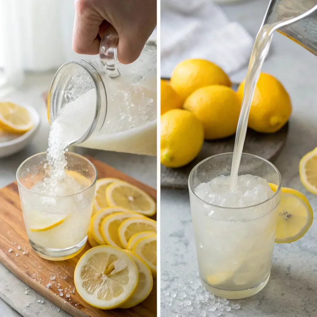 Homemade Lemonade with Fresh Lemons 7 Step-by-step collage showing homemade lemonade preparation