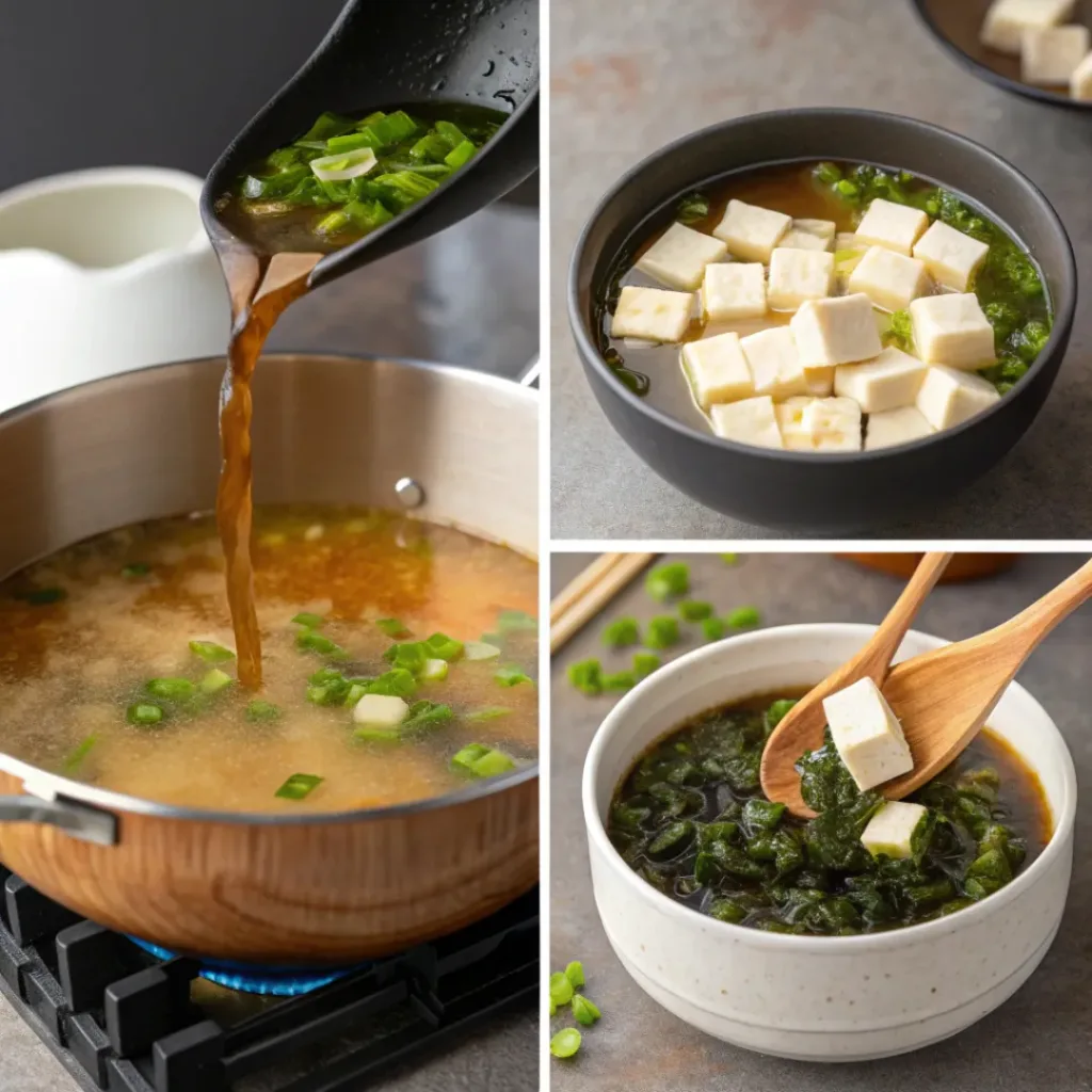 Step-by-step collage showing homemade miso soup preparation