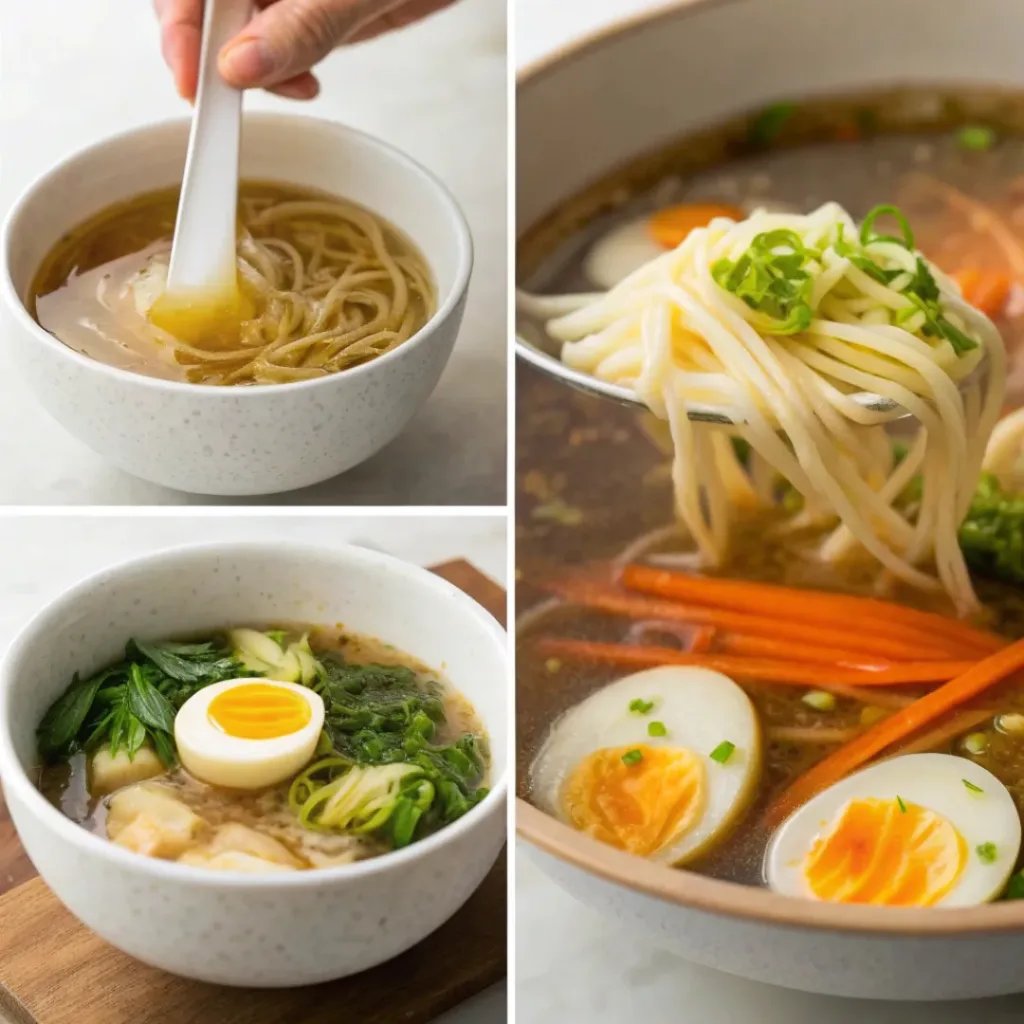 Step-by-step collage of homemade ramen preparation
