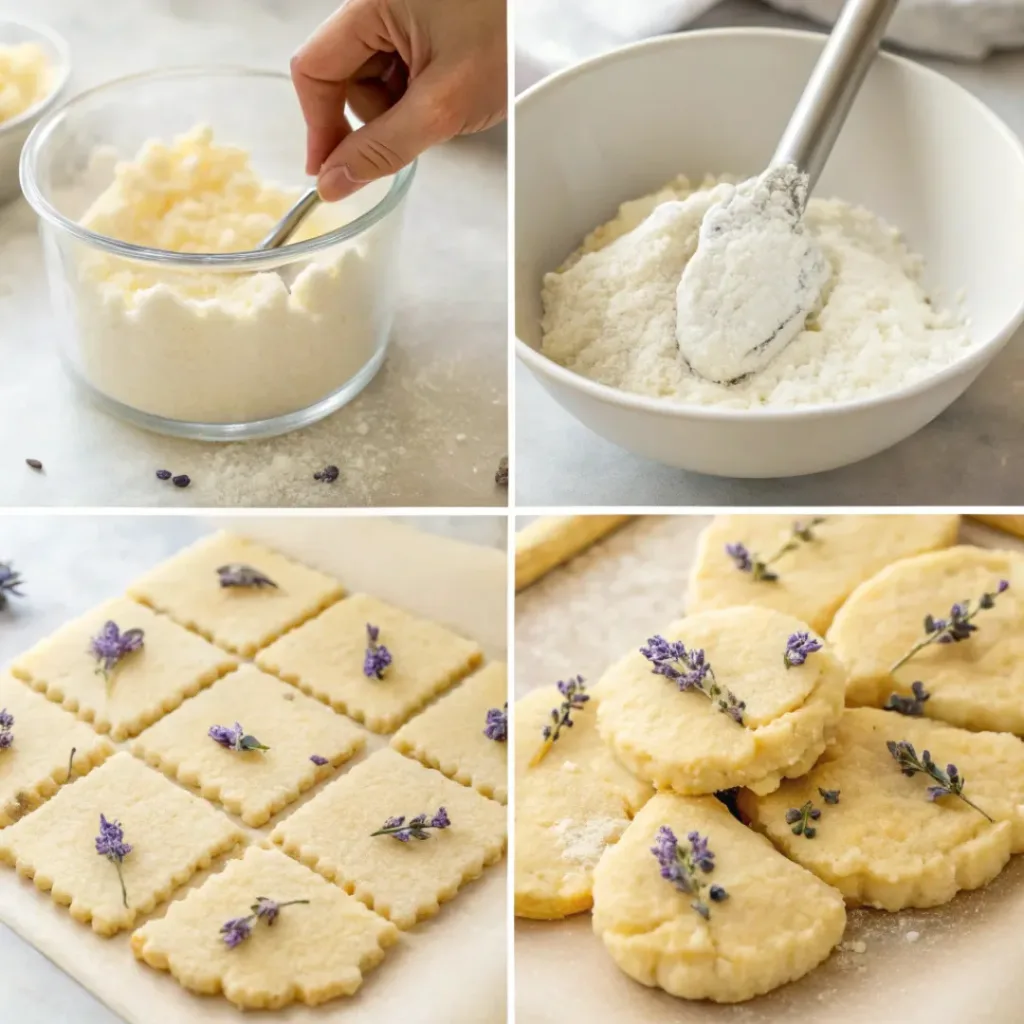 Step-by-step collage showing preparation of lavender shortbread cookies