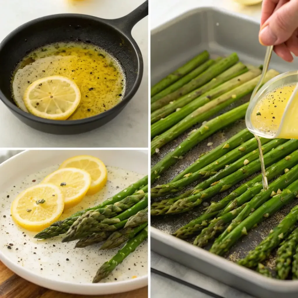 Step by step collage showing preparation of lemon butter asparagus
