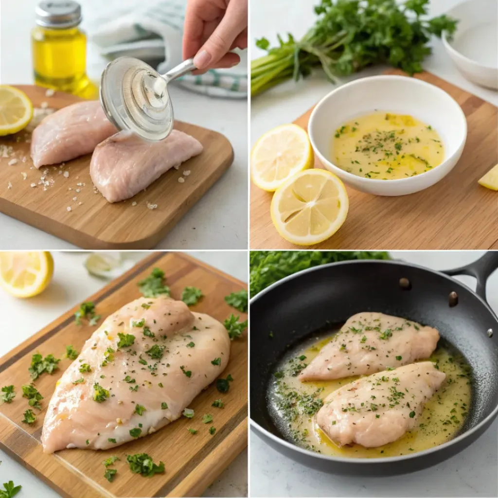 Step-by-step collage of cooking lemon garlic butter chicken