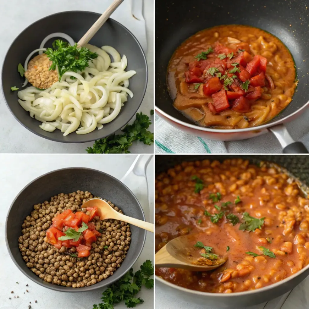 Lentil Bolognese Pasta – Hearty & Healthy Dinner 7 Step-by-step collage showing lentil Bolognese pasta preparation
