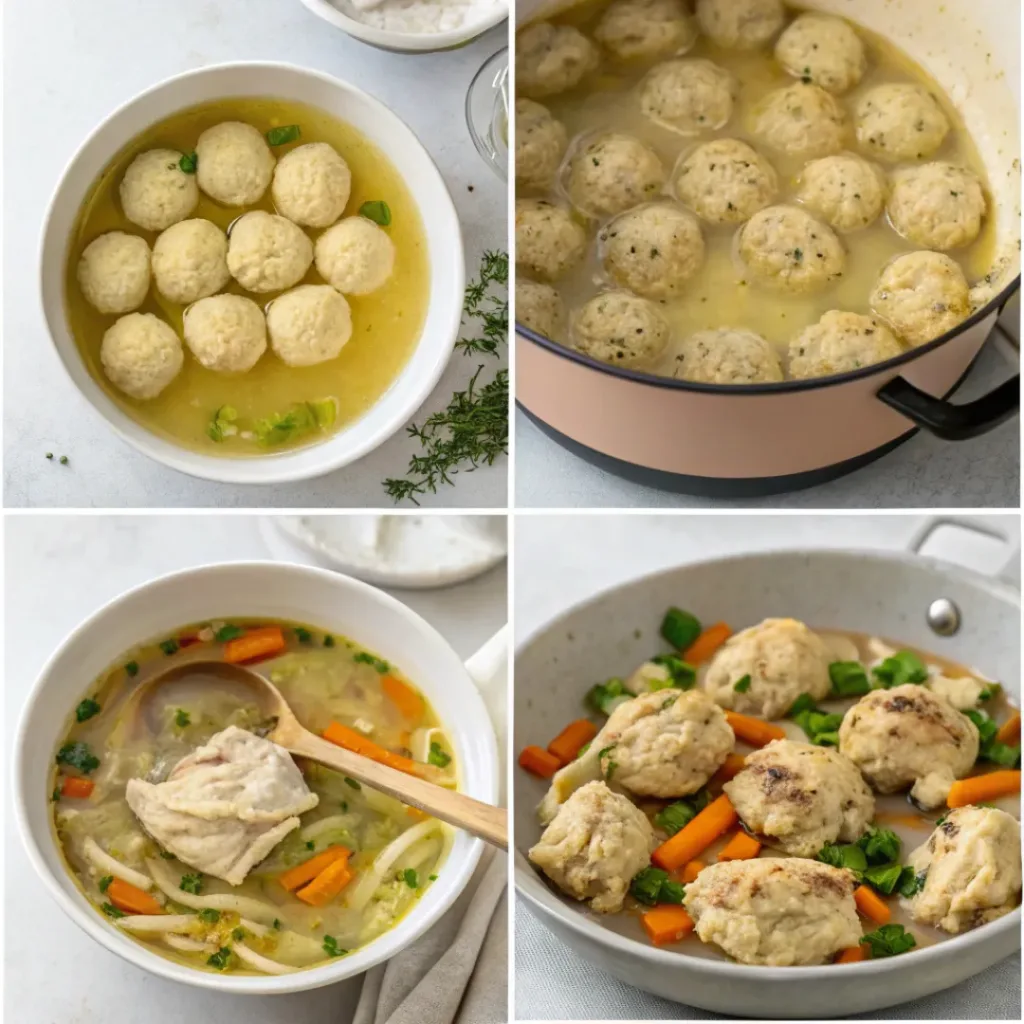 Step-by-step collage showing the preparation of matzo ball soup