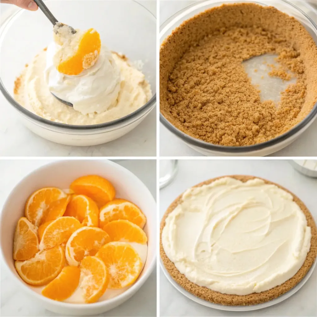 Step-by-step collage showing crust preparation, cheesecake filling, and mandarin topping.