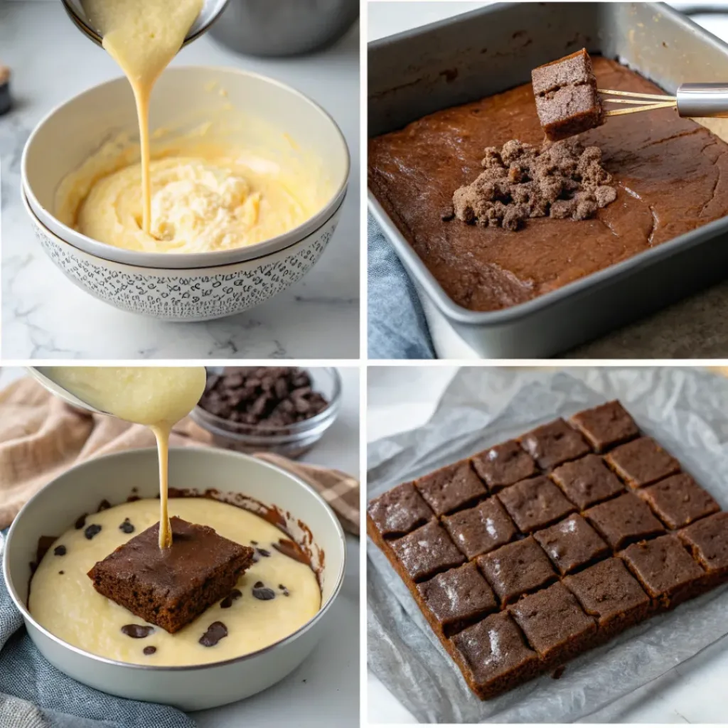 Step-by-step collage showing one bowl brownies preparation