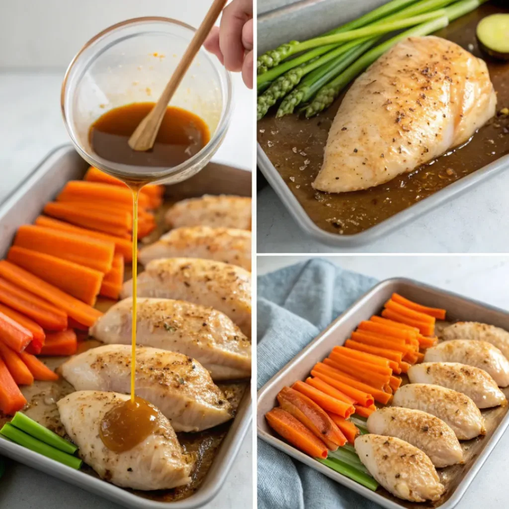One Pan Honey Garlic Chicken and Veggies 7 Step-by-step collage showing honey garlic chicken and veggies preparation