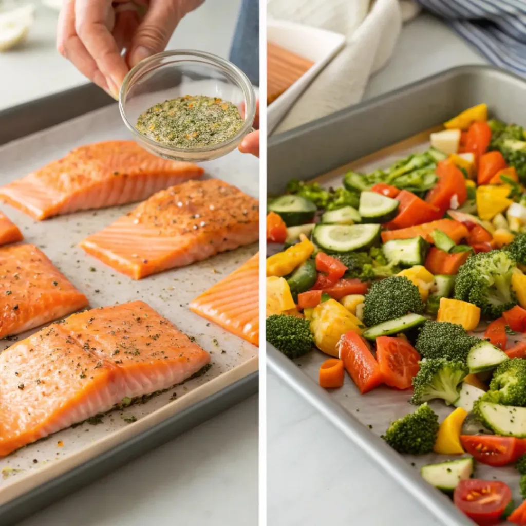 One Pan Salmon and Vegetables – Quick Healthy Dinner 7 Step-by-step collage showing one pan salmon and vegetables preparation