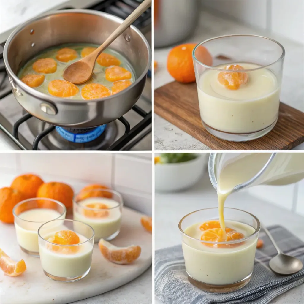 Four easy steps to make creamy orange mandarin posset.
