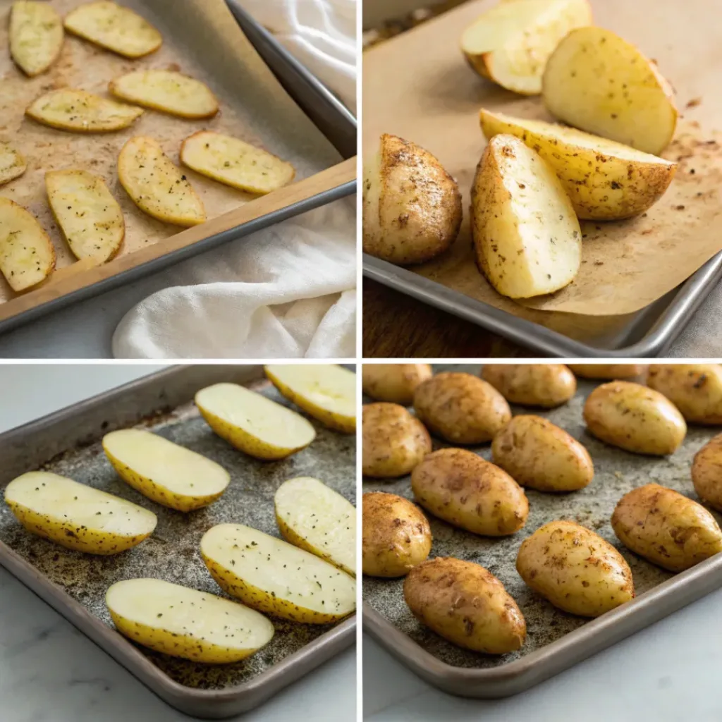 Step-by-step collage showing the making of oven baked fries