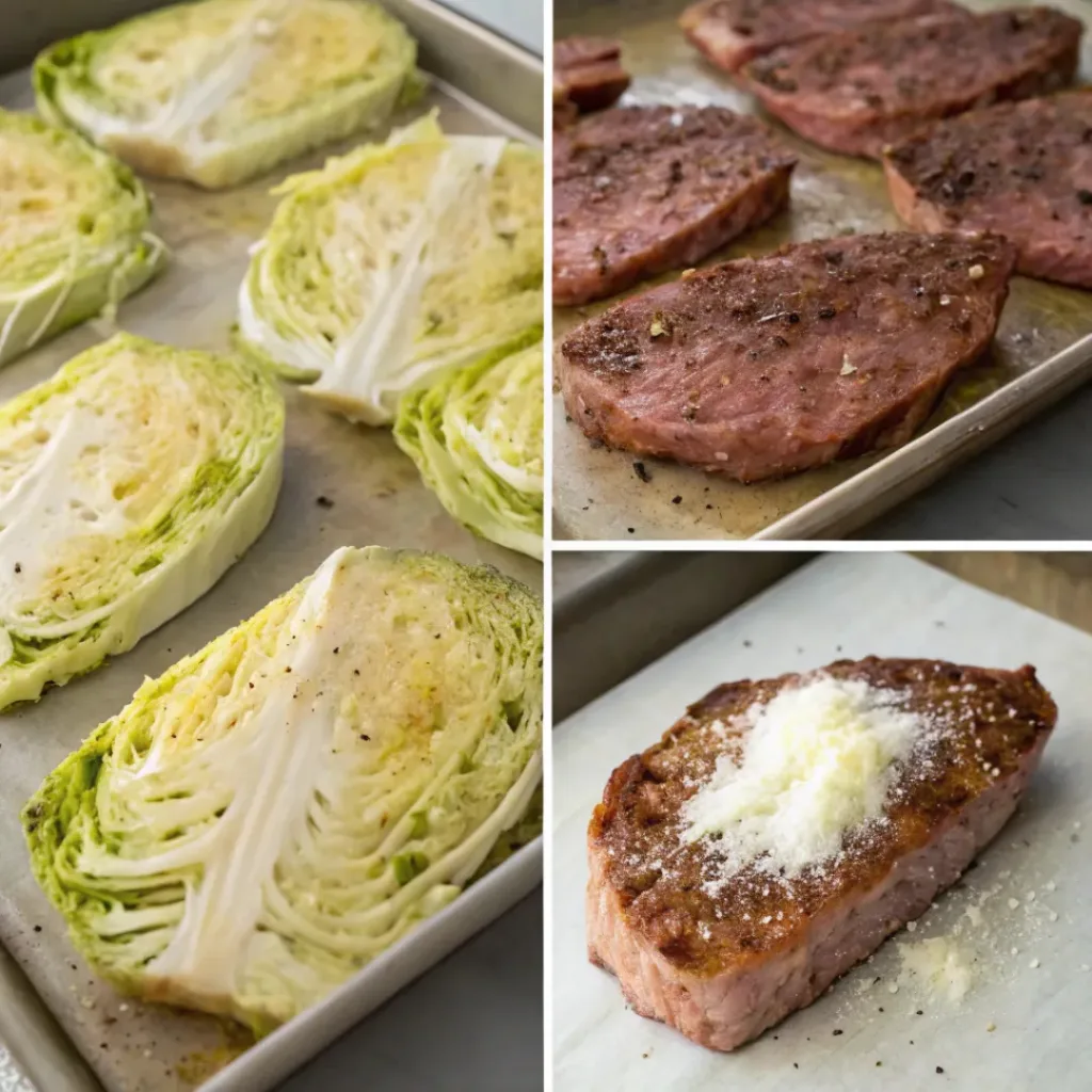 Step-by-step collage of parmesan cabbage steaks preparation