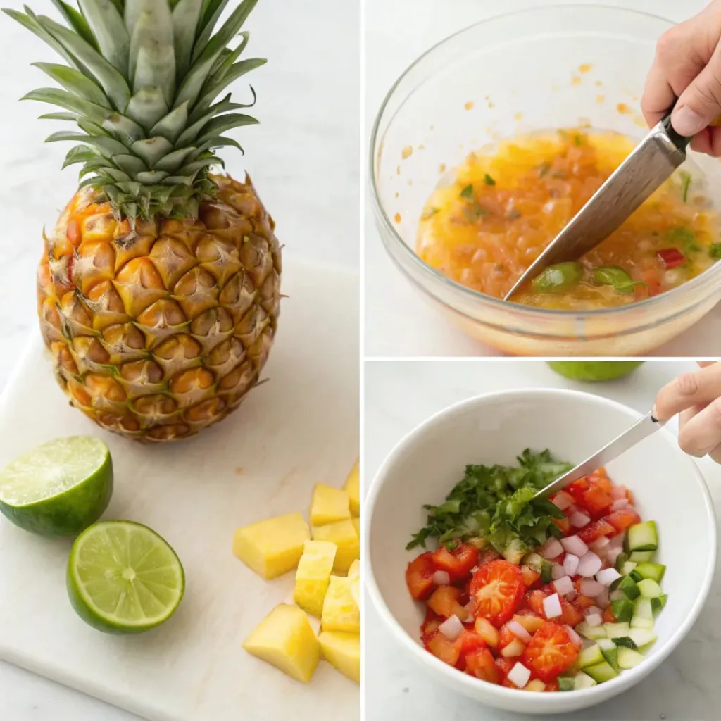 Step-by-step collage showing pineapple salsa preparation