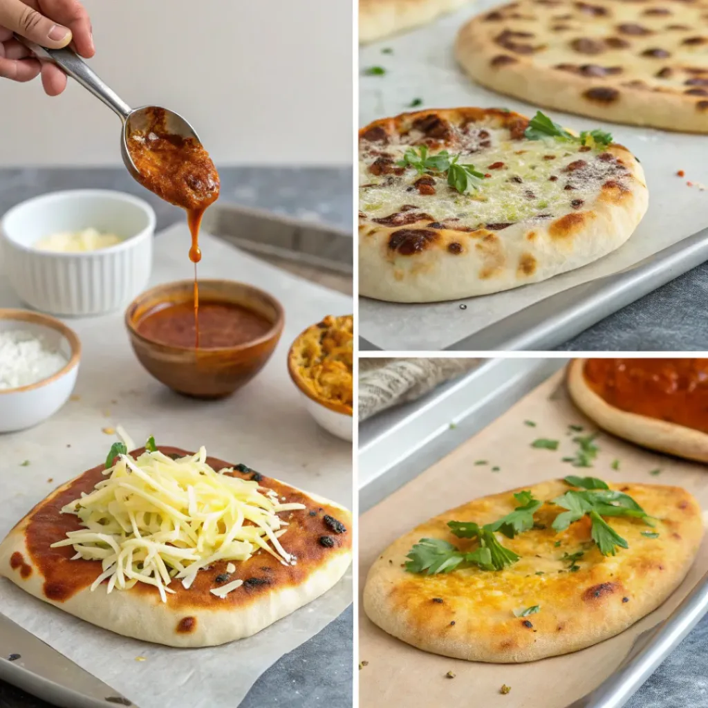 Easy Homemade Naan Pizza Recipe 7 Step-by-step collage showing quick naan pizza preparation